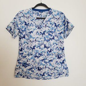 Carhartt Force White Blue Butterfly Print V-Neck Scrub Top Small